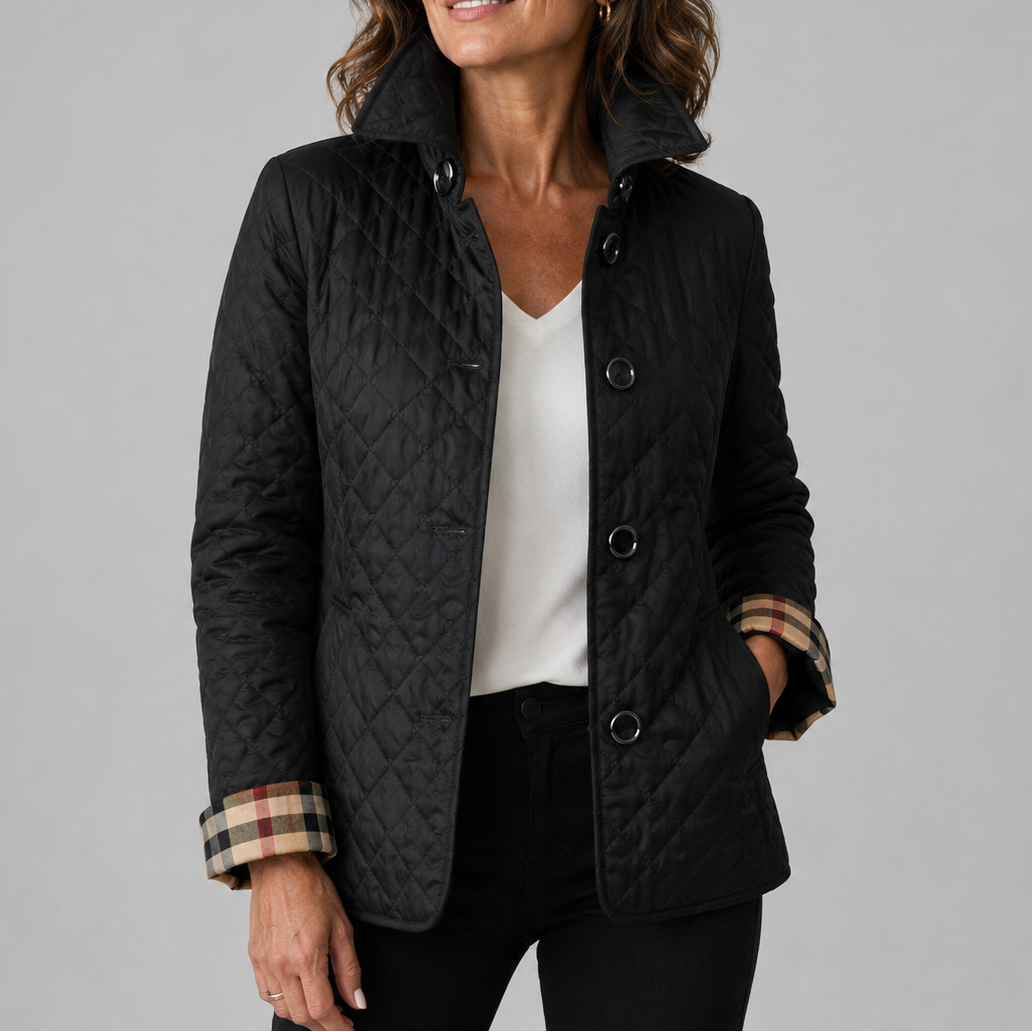 Woman wearing quilted button-front jacket with diamond pattern