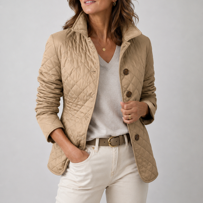 Women's quilted button jacket with stand collar