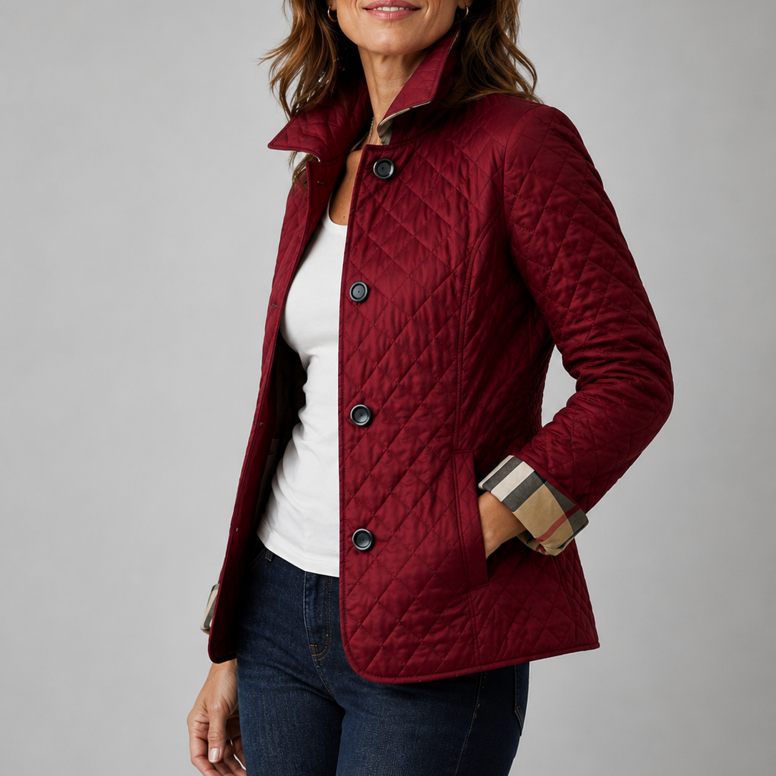 Women's quilted button jacket with stand collar