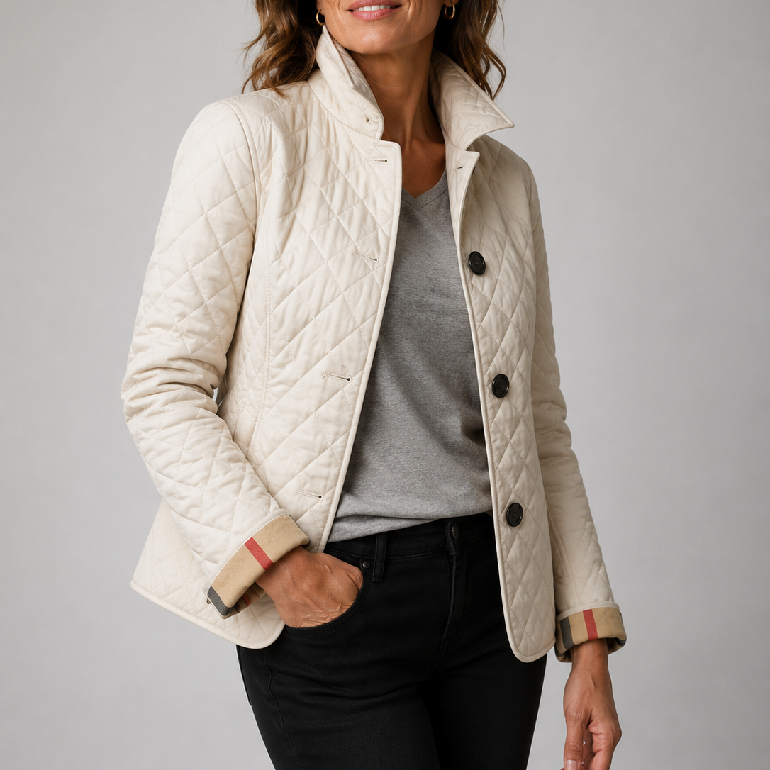 Woman wearing quilted button-front jacket with diamond pattern