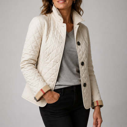 Women's quilted button jacket with stand collar