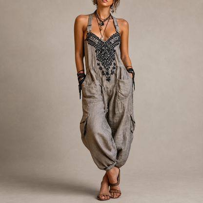 Embroidered harem jumpsuit with V-neck and adjustable straps