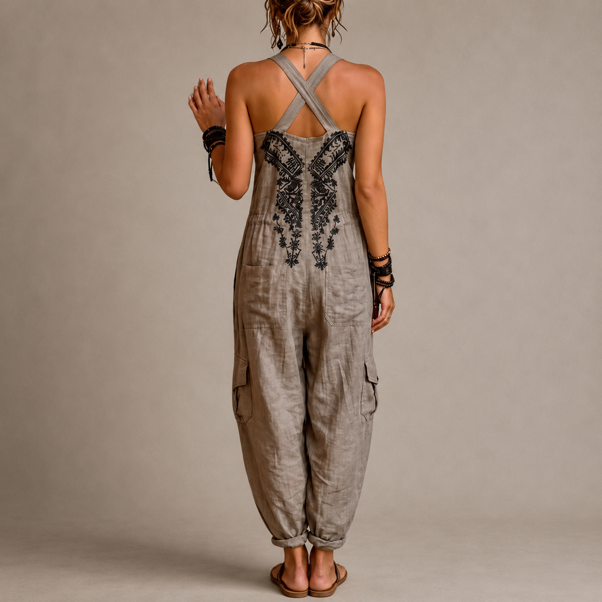 Embroidered harem jumpsuit with V-neck and adjustable straps