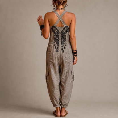 Embroidered harem jumpsuit with V-neck and adjustable straps
