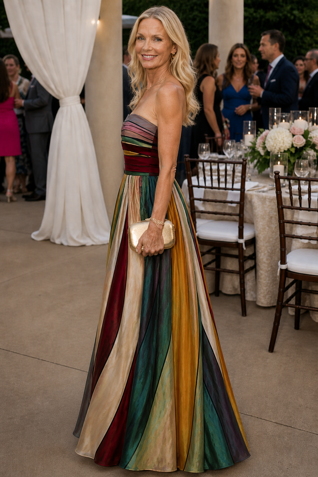Woman wearing strapless A-line maxi dress outdoors
