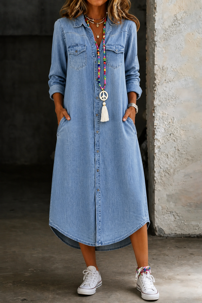 Maxi shirt dress for women with collared button front - light blue