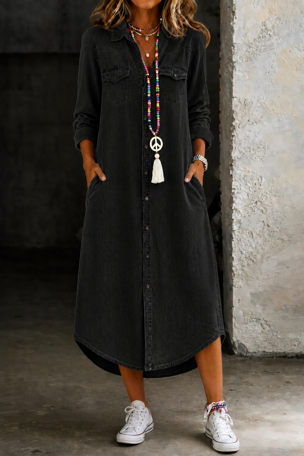 Maxi shirt dress for women with collared button front