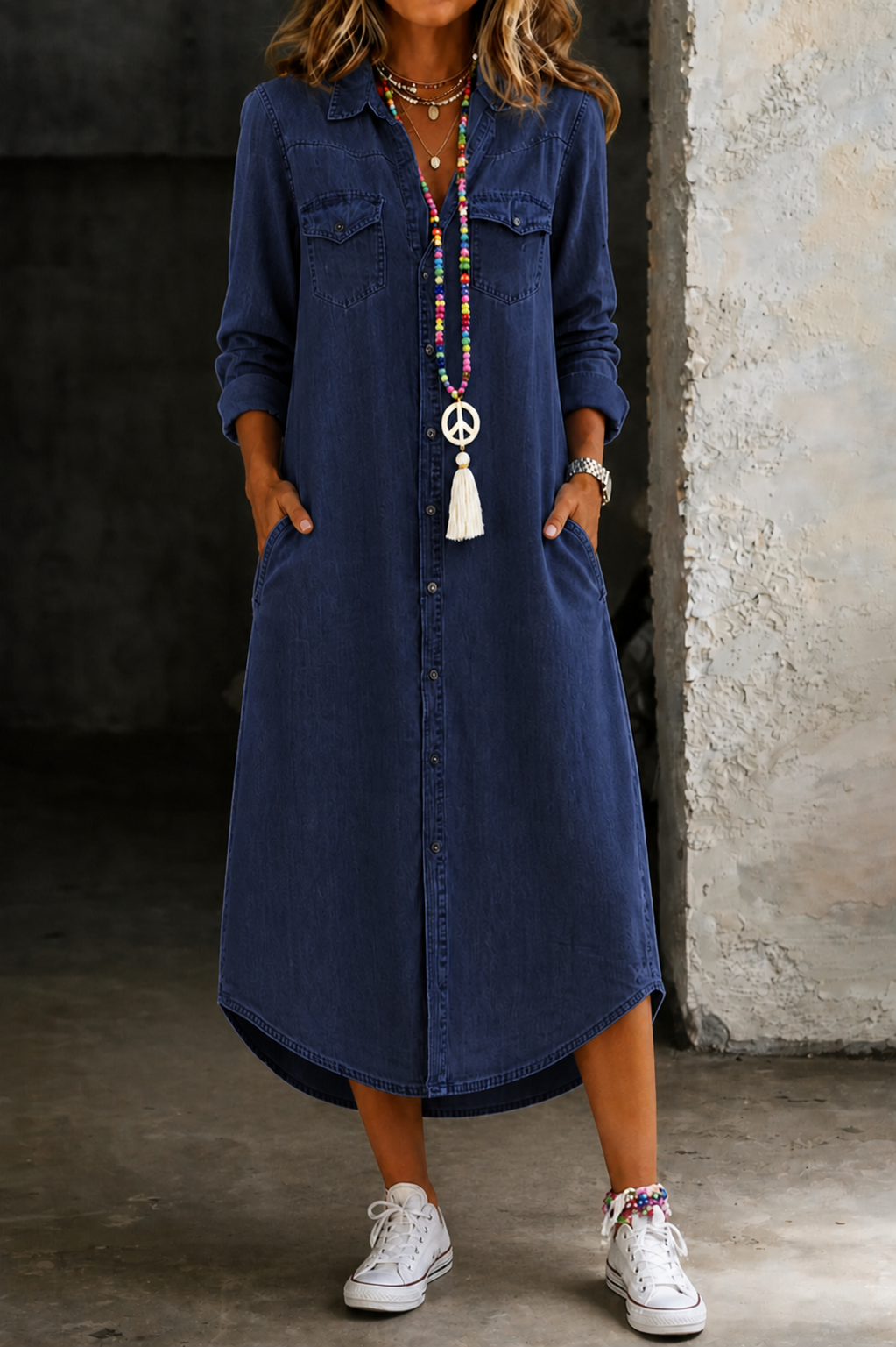 Maxi shirt dress for women with collared button front - navy blue
