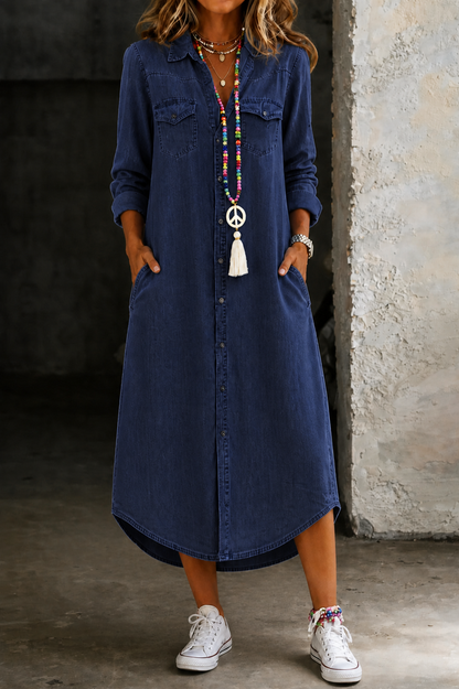 Maxi shirt dress for women with collared button front - navy blue