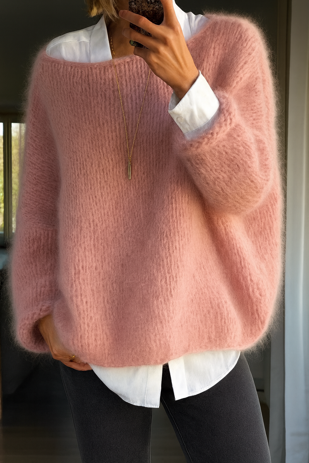 Women's modern pullover sweater in pink, gray and green