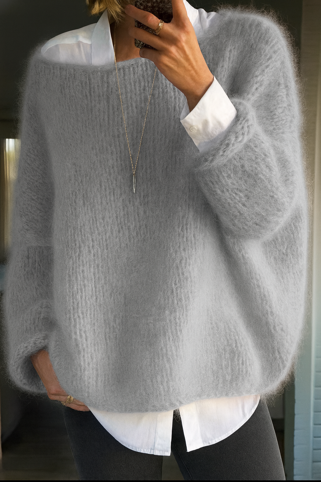 Women's modern pullover sweater in pink, gray and green