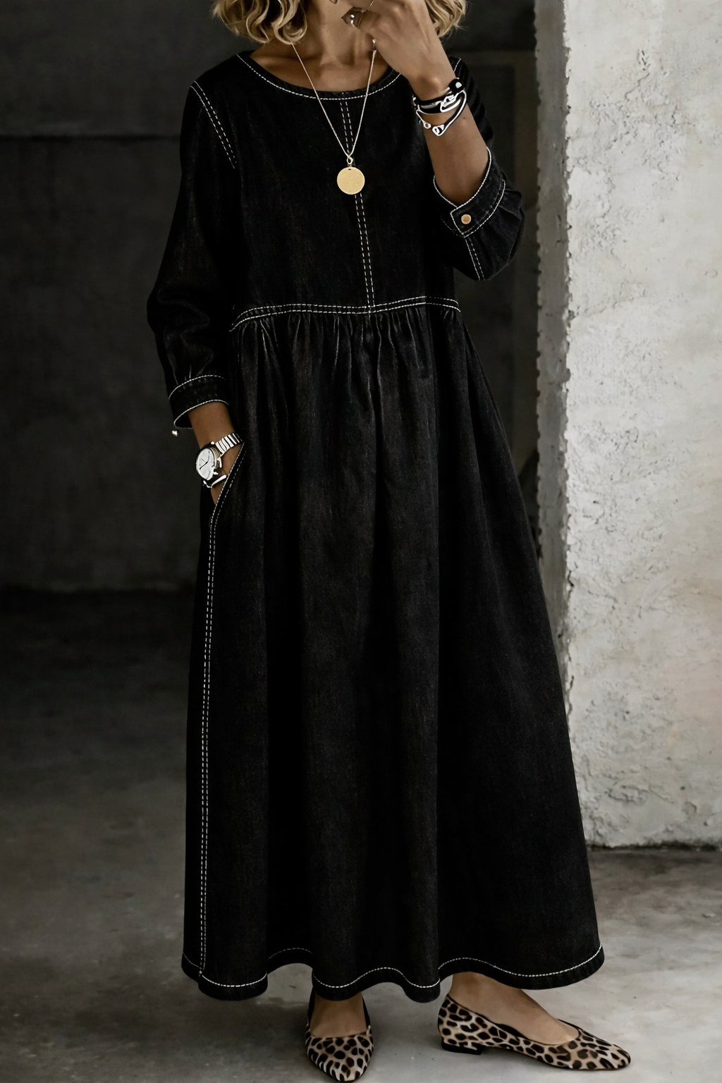 Woman wearing relaxed maxi dress with long sleeves