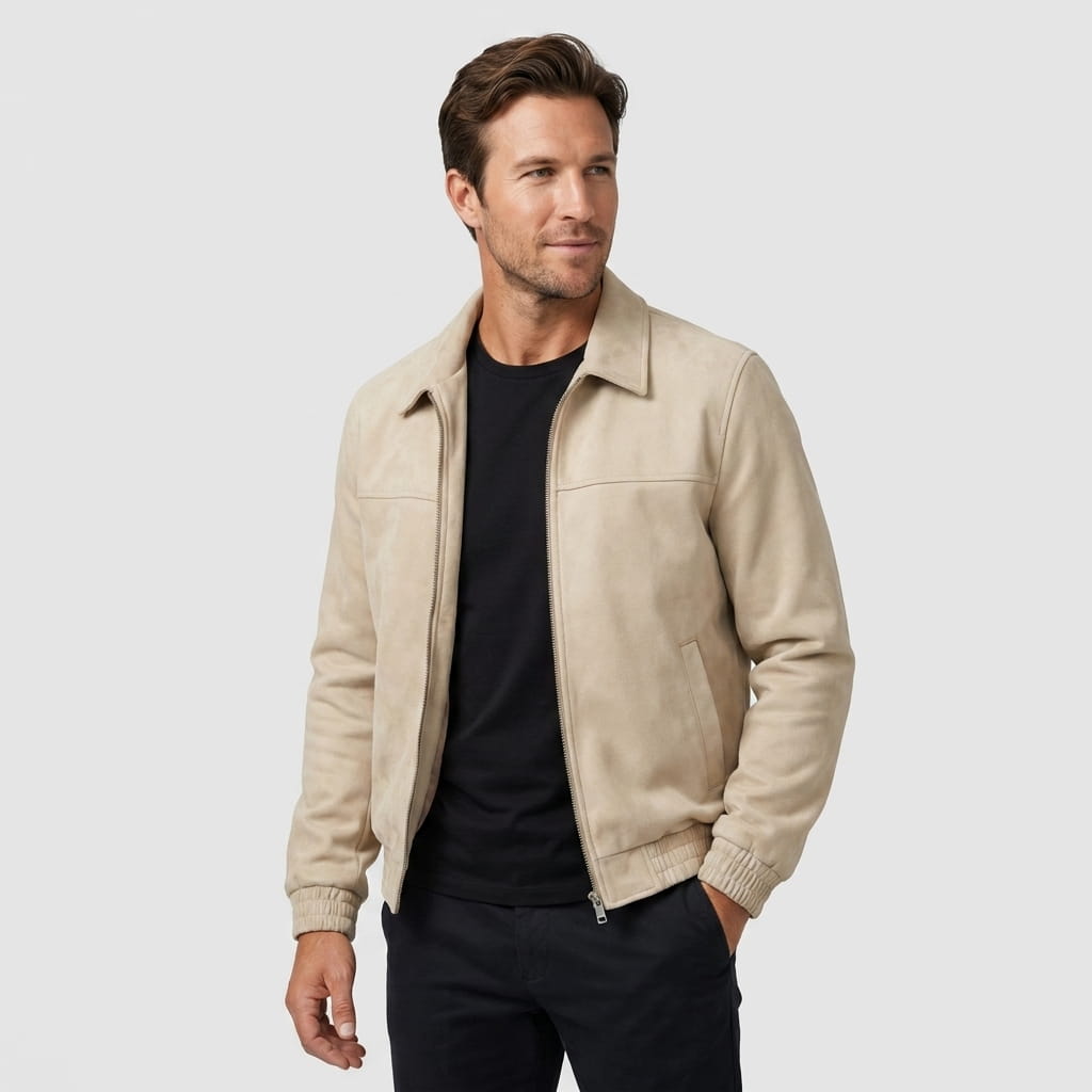 Men's suede effect bomber jacket with zip closure - beige