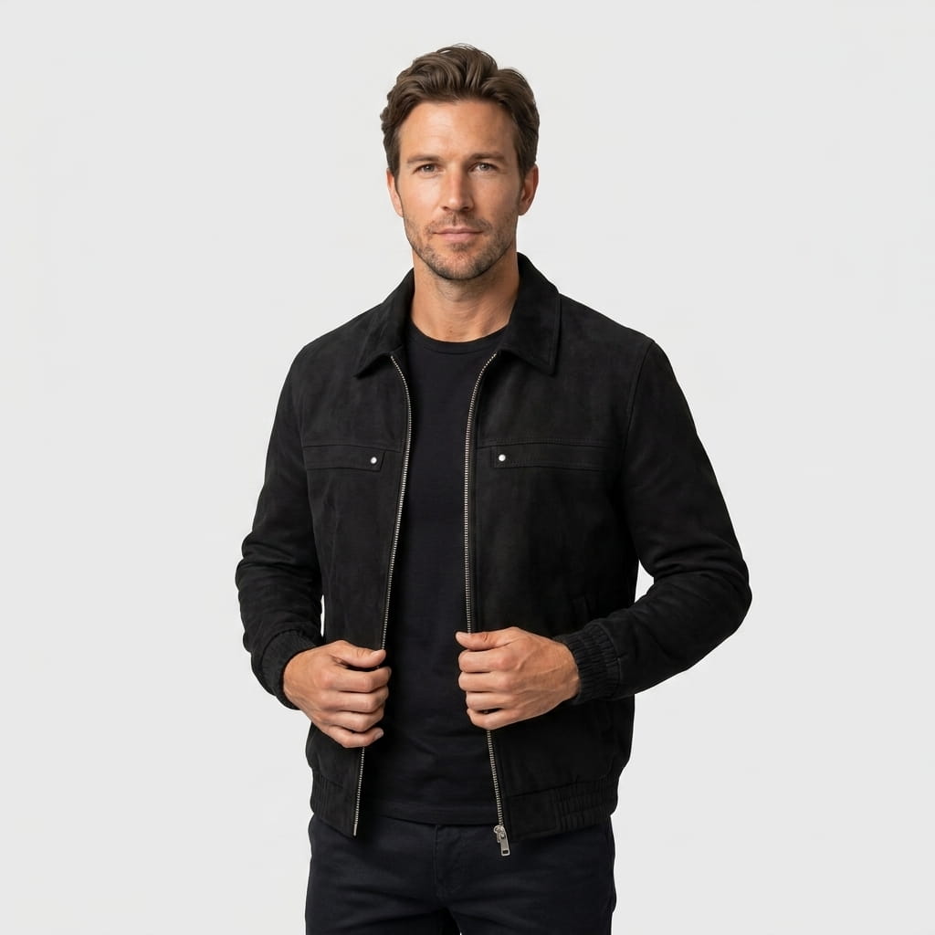 Men's suede effect bomber jacket with zip closure - black