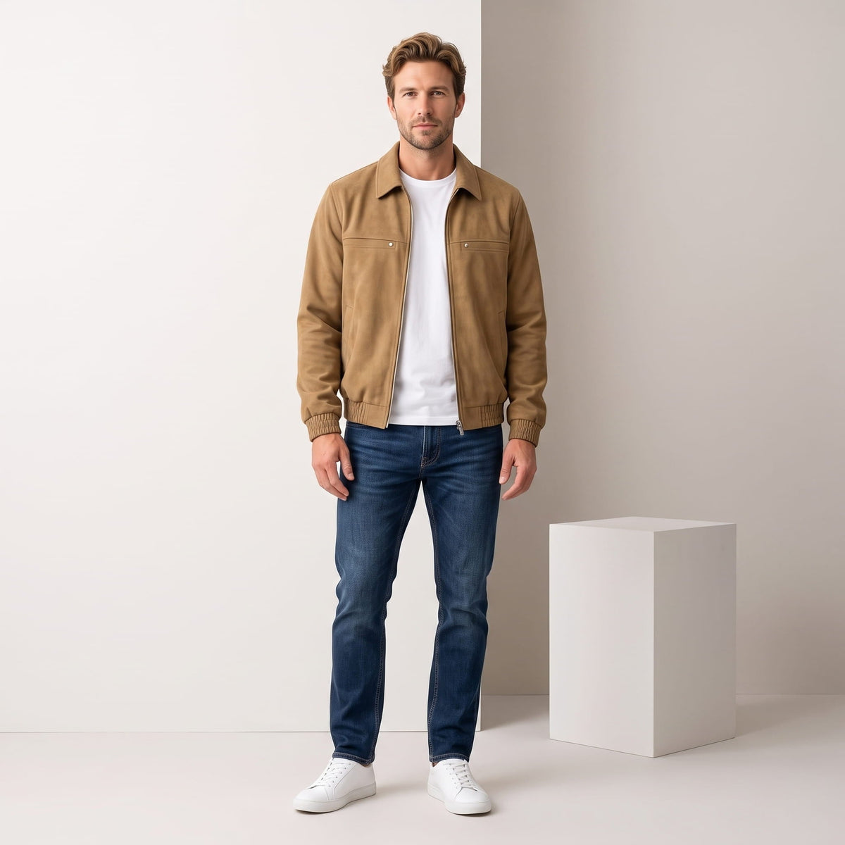 Men's suede effect bomber jacket with zip closure