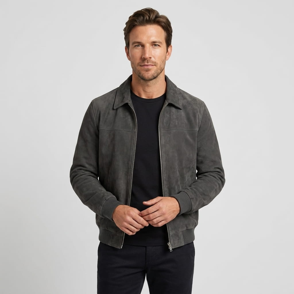 Men's suede effect bomber jacket with zip closure - gray