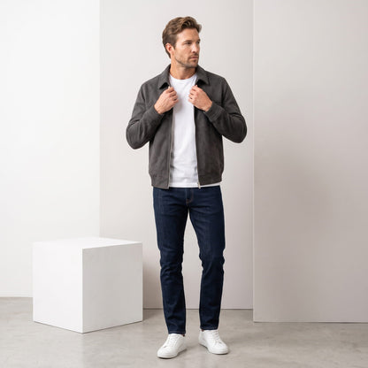 Men's suede effect bomber jacket with zip closure