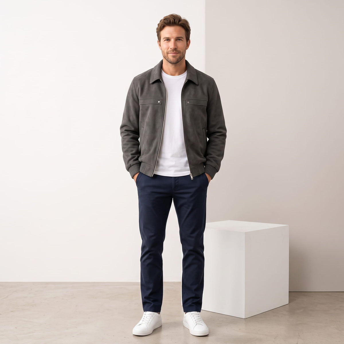 Men's suede effect bomber jacket with zip closure