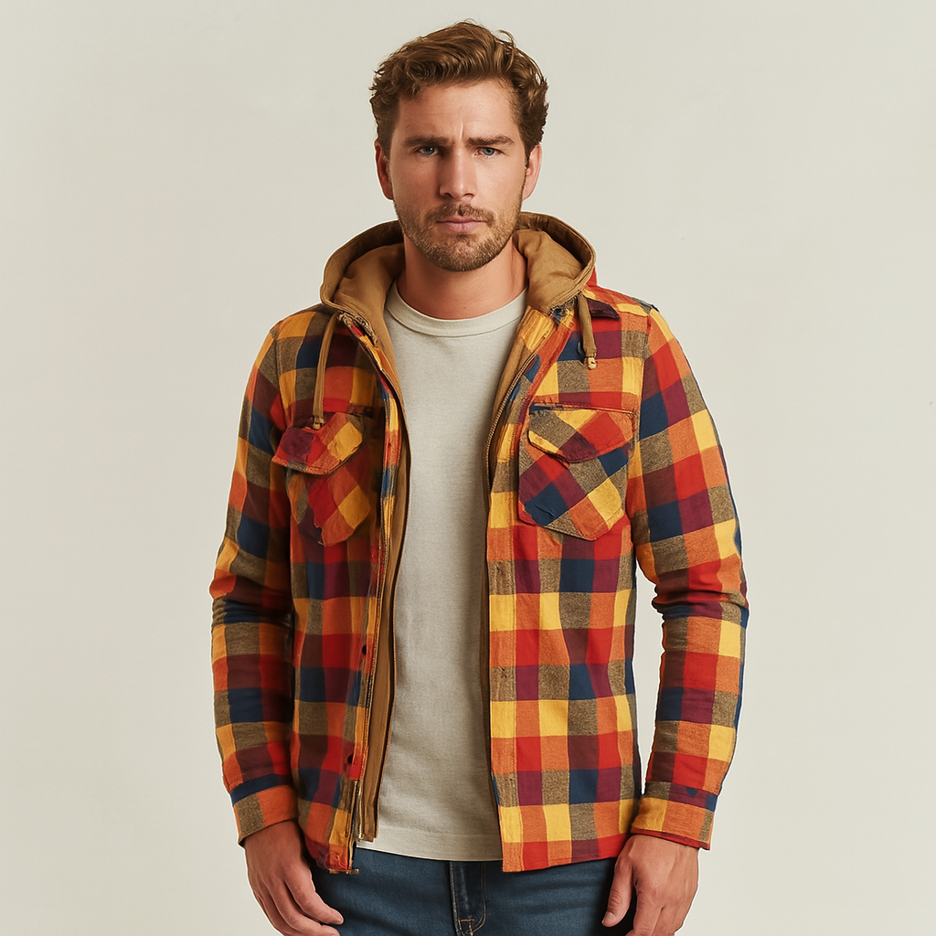 Checked cotton hooded jacket for men