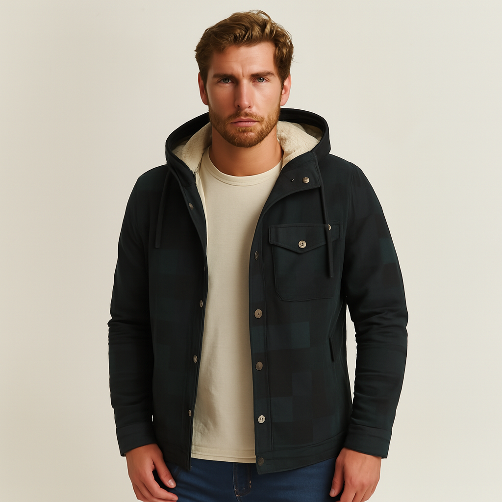 Checked cotton hooded jacket for men