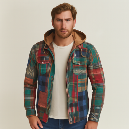 Checked cotton hooded jacket for men