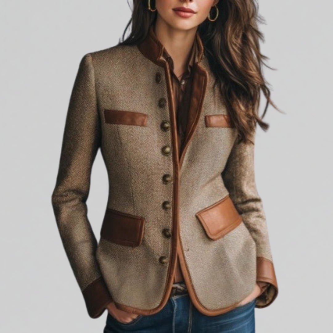 Brown textured tailored jacket for women front view