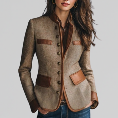 Brown textured tailored jacket for women front view