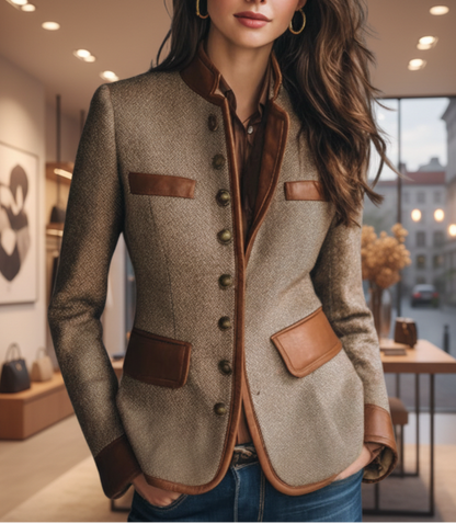 Brown textured tailored jacket for women front view