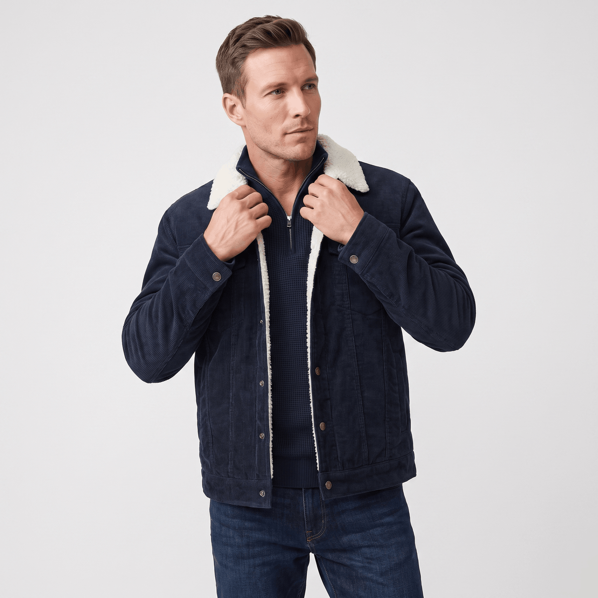 Men's corduroy jacket with fold up collar - blue