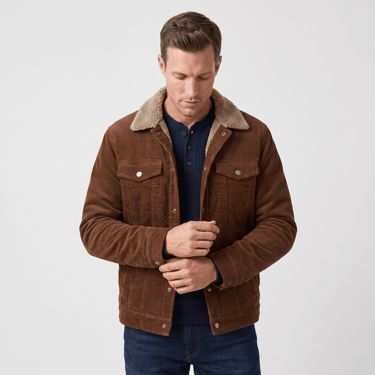Men's corduroy jacket with fold up collar - taupe