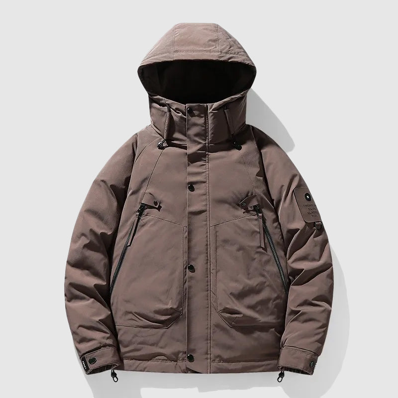 Men's insulated winter coat with removable hood - brown