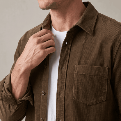 Washed Corduroy Shirt with Chest Pocket for Men