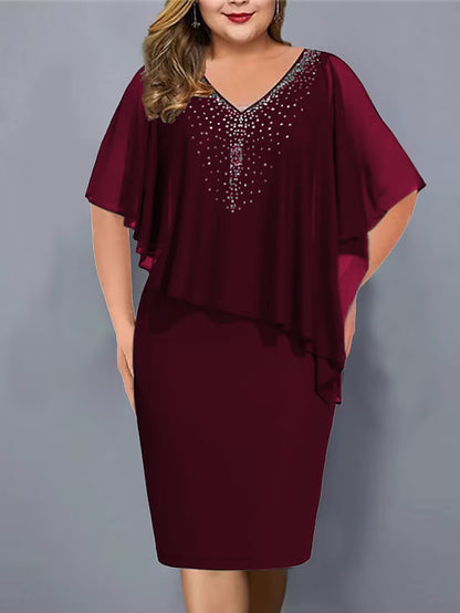 Rhinestone V-neck cape midi dress for women - burgandy