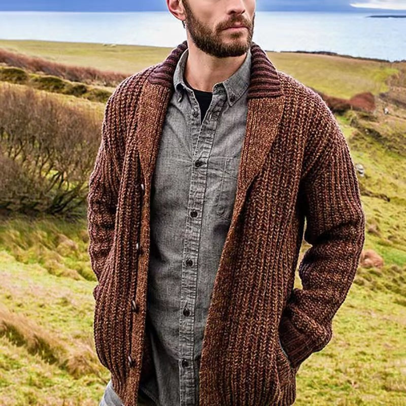 Shawl collar cardigan with buttons for men - brown