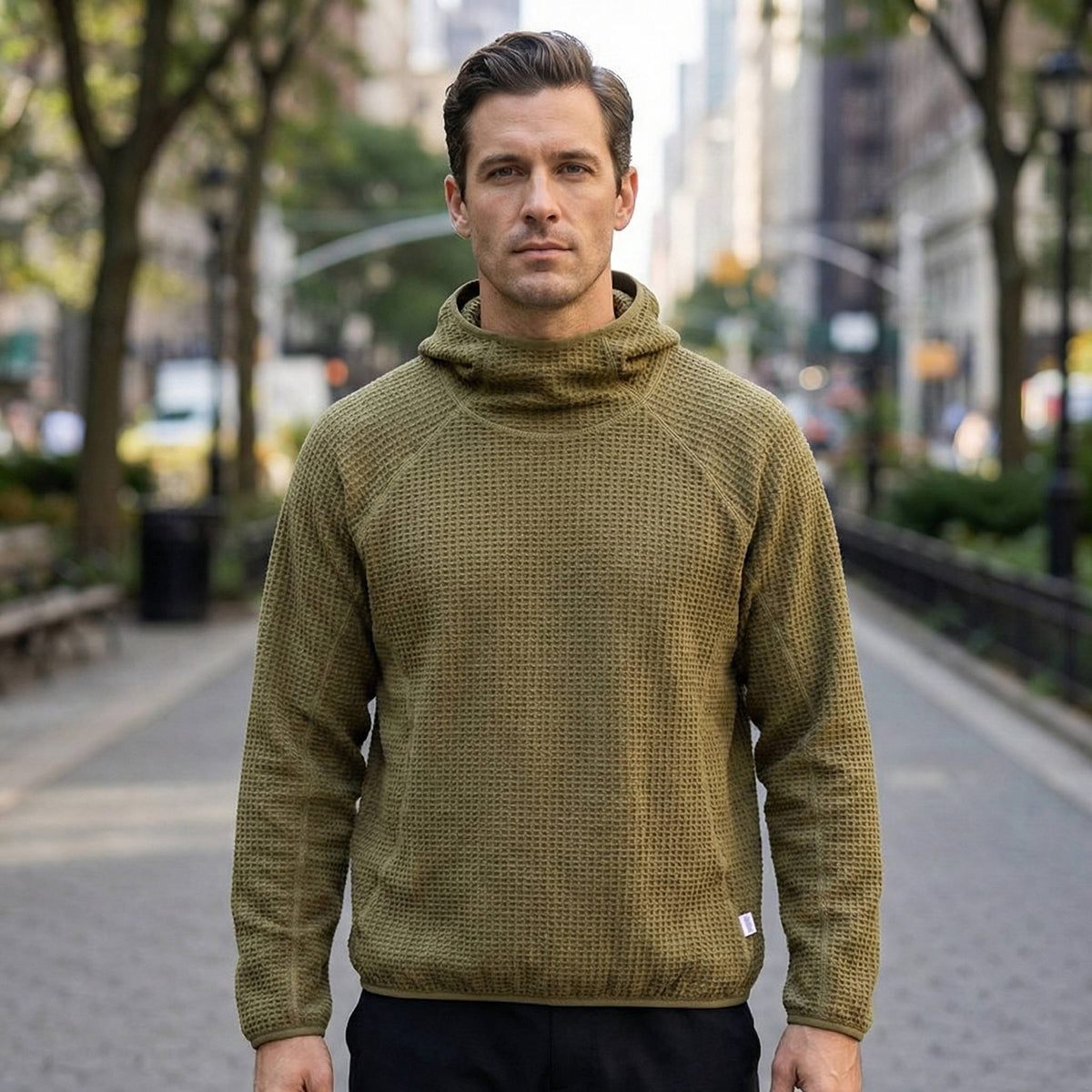 Waffle knit pullover hoodie for men - green