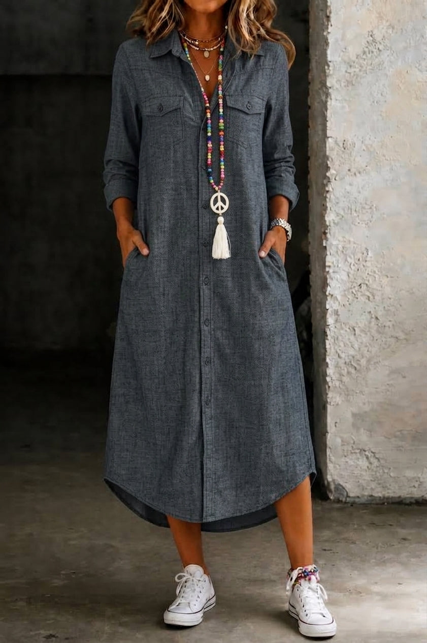 Maxi shirt dress for women with collared button front - black
