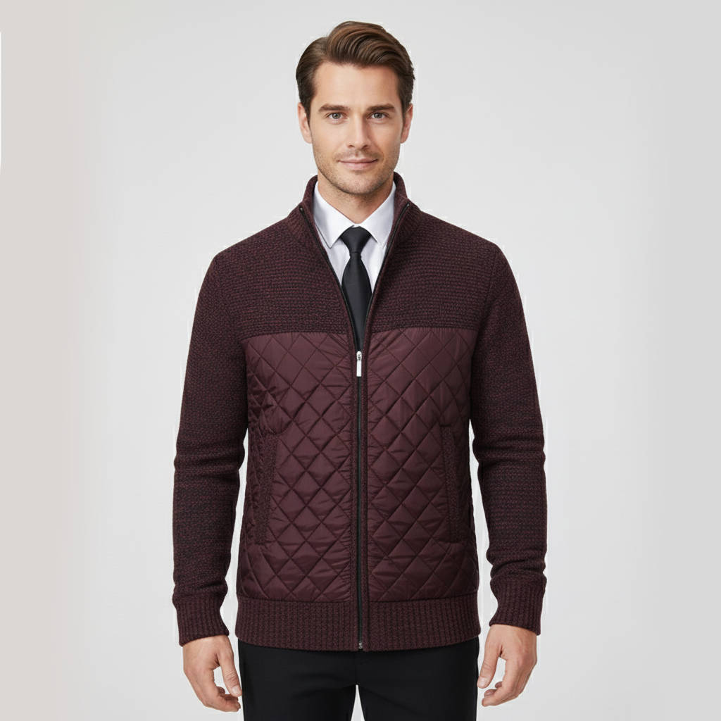 Sweater jacket for men with quilted hybrid panels