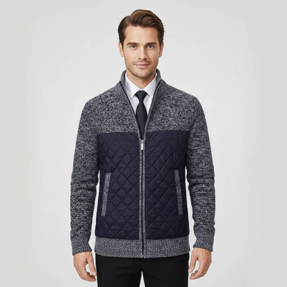 Sweater jacket for men with quilted hybrid panels - blue gray