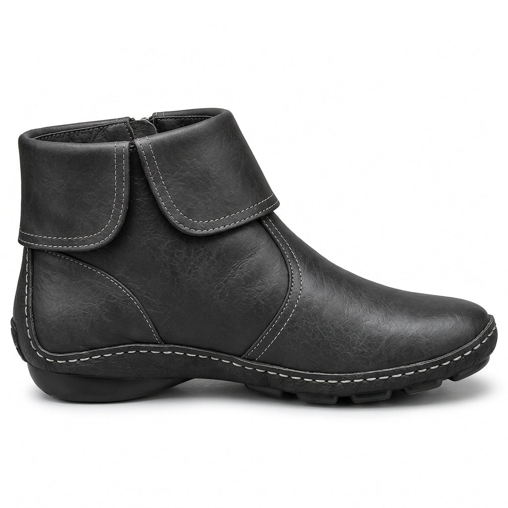 Women's black ankle boots with hook-and-loop strap and side zip