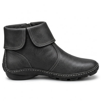 Women's black ankle boots with hook-and-loop strap and side zip