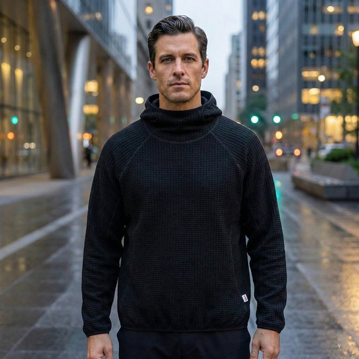 Waffle knit pullover hoodie for men - black