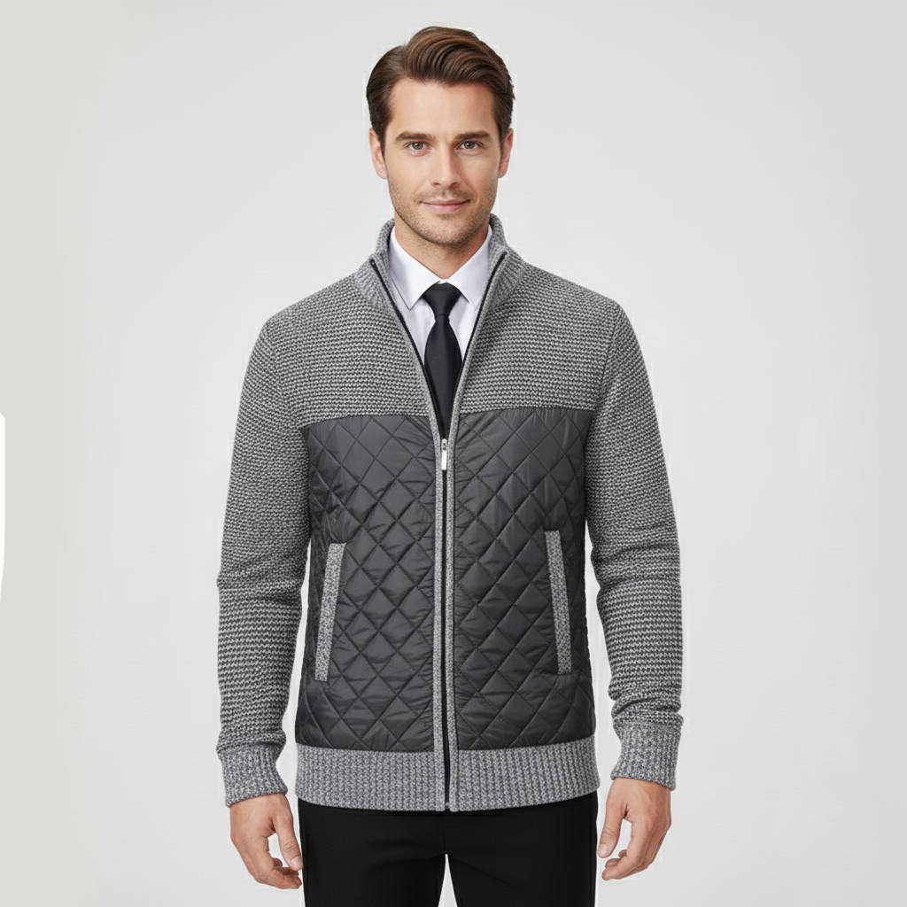 Sweater jacket for men with quilted hybrid panels - light grey