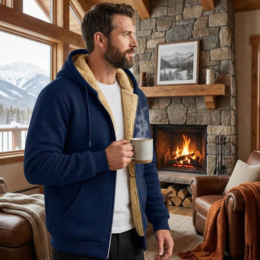 Sherpa lined hoodie jacket for men - navy blue