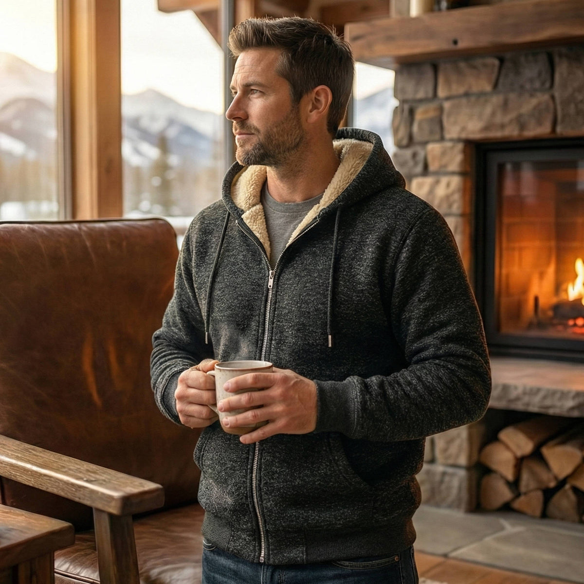 Sherpa lined hoodie jacket for men - dark grey
