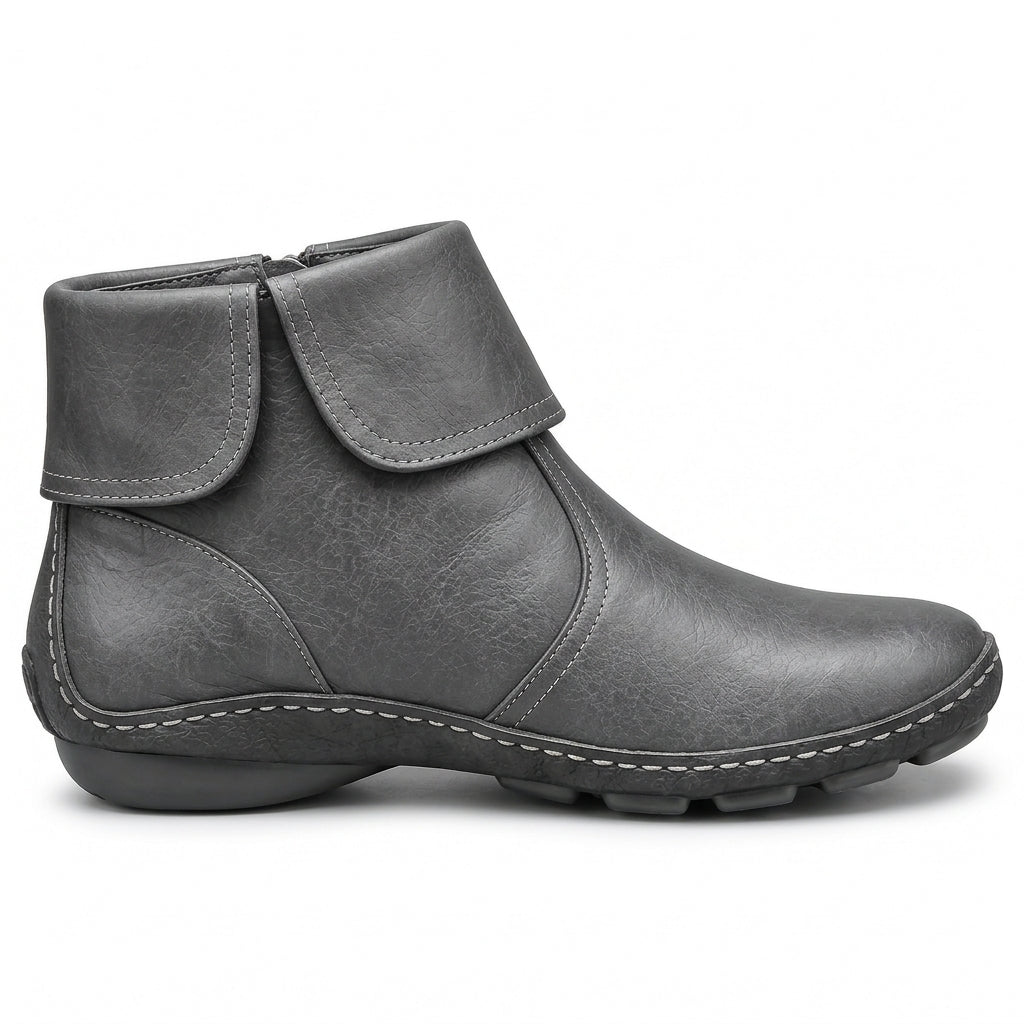 Women's black ankle boots with hook-and-loop strap and side zip