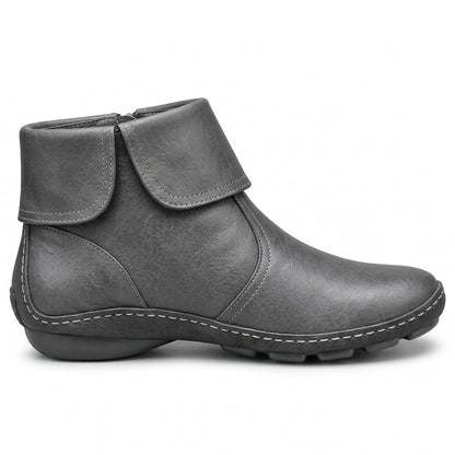 Women's black ankle boots with hook-and-loop strap and side zip
