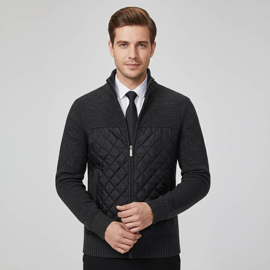 Sweater jacket for men with quilted hybrid panels - black