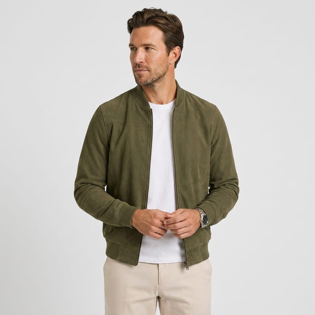 Men's suede effect bomber jacket with rib collar - green