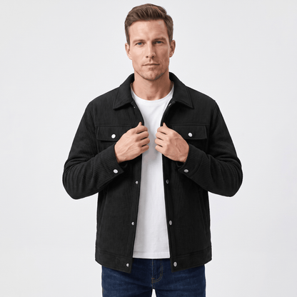 Men's quilted corduroy jacket with snap front - black