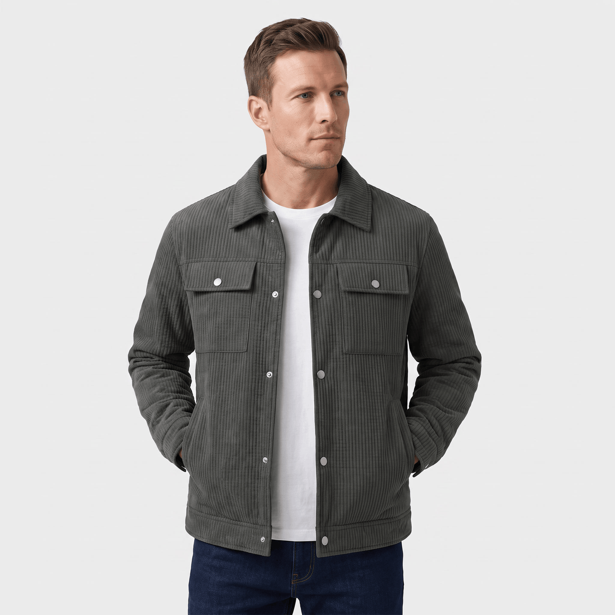 Men's quilted corduroy jacket with snap front - gray